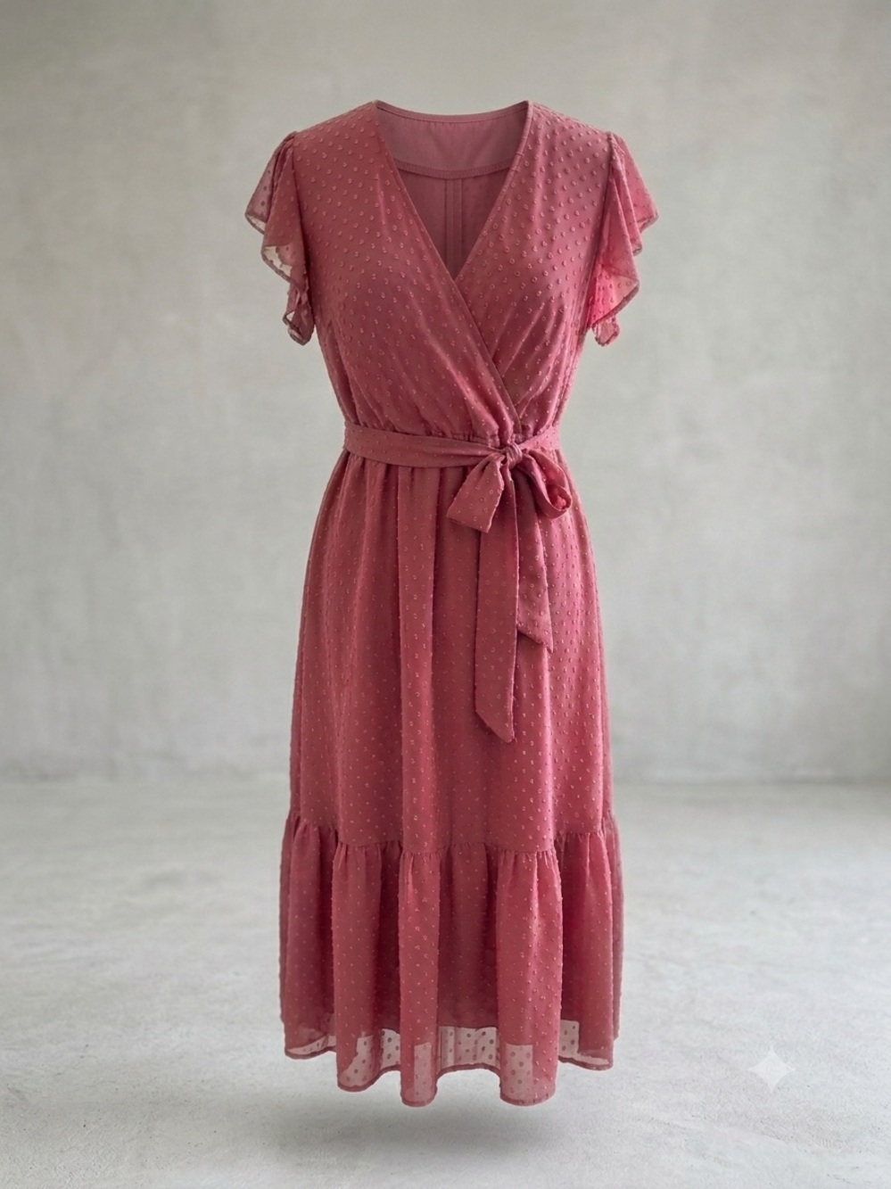 Flutter Sleeve Wrap Midi Dress in Red Bean Paste